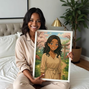 Könnte beinhalten: Gerahmte Illustration im Anime-Stil mit einer Frau in einem beigen Kleid vor dem Hintergrund von Kirschblüten und einem traditionellen japanischen Torii-Tor. Das Kunstwerk befindet sich in einem weißen Rahmen.