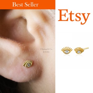 Tiny Evil Eye Stud, Cartilage Earring, Tragus, Cartilage Stud, Paved Evil Eye Stud, Tiny cartilage stud, Evil Eye CZ Gold Stud, Gold Stud