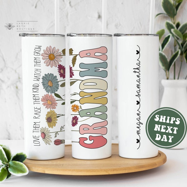 Personalized Grandma Tumbler, Custom Grandma Tumbler Grandkids Names Mother's Day Gift for Grandma from Grandchildren Vintage Flower Tumbler