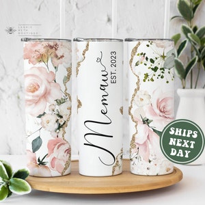 Custom Memaw Tumbler, Watercolor Pink Floral Personalized Established Est. New Memaw Gifts for Mother&#39;s Day Gift for New Grandma to Be Cup