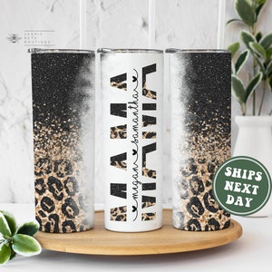 Personalized Mama Tumbler, Custom Cheetah Chunky Glitter Tumbler for Mom Gifts Mother's Day Gifts for Mama Custom Kids Name Cheetah Tumbler