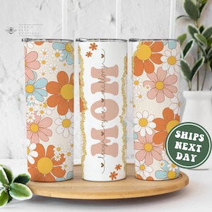 Personalized Retro Mom Tumbler, Custom Trendy Mom Kids Names Tumbler To Go Cup Gifts for Mother's Day Gifts for Mama Mom Gifts Daisy Flower