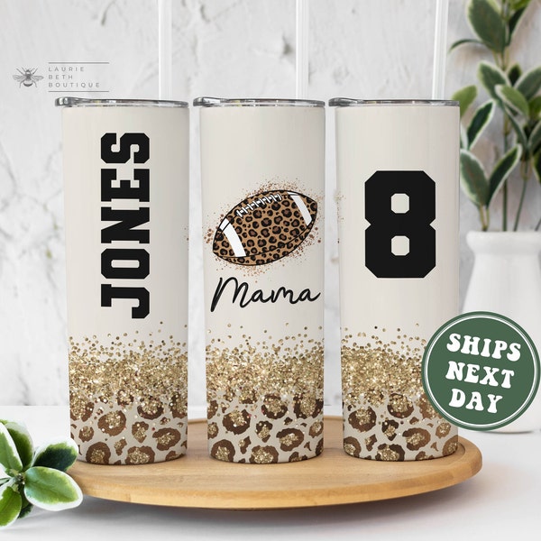 Custom Football Mama Tumbler, Personalized Name Number Cheetah Print Glitter Tumbler Football Mama Gifts for Mother's Day Football Team Mom