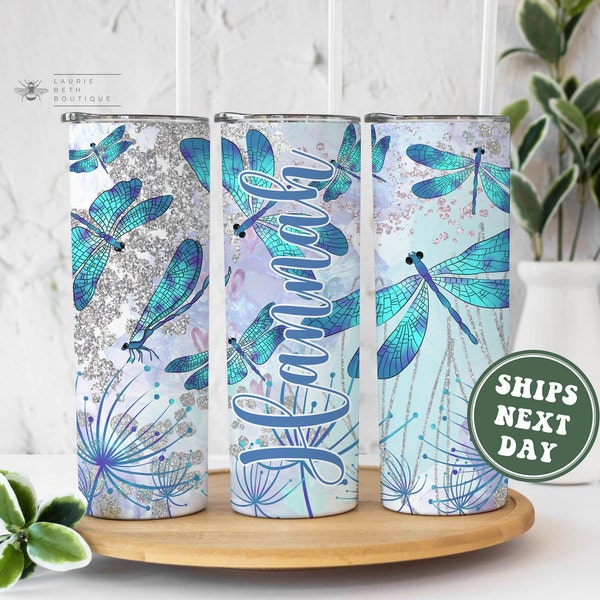Personalized Dragonfly Tumbler, Custom Name Glitter Dragonfly 20 oz Tumbler with Straw Glitter Dragonflies Birthday Gifts with Dragonfly Mug