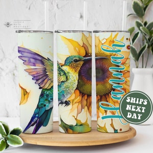 Personalized Hummingbird Tumbler, Custom Name Watercolor Sunflower Hummingbird 20 oz Tumbler with Straw Birthday Gifts Humming Bird Lover