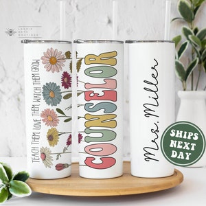 Personalized Counselor Tumbler, Custom School Counselor Gifts for New Counselor Back to School Gifts Retro Flower Tumbler School Counselor