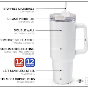 May include: White stainless steel travel mug with a black handle and a clear lid. The mug has a double wall and is vacuum insulated to keep drinks hot or cold for 12 hours. It also features a splash-proof lid and fits most cup holders.
