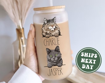 Personalized Cat Mom Tumbler, Custom Cat Mom Frosted Glass Cat Lover Gifts Personalized Fur Mama Gift 16 oz Frosted Glass Cup Cat Dad Gifts