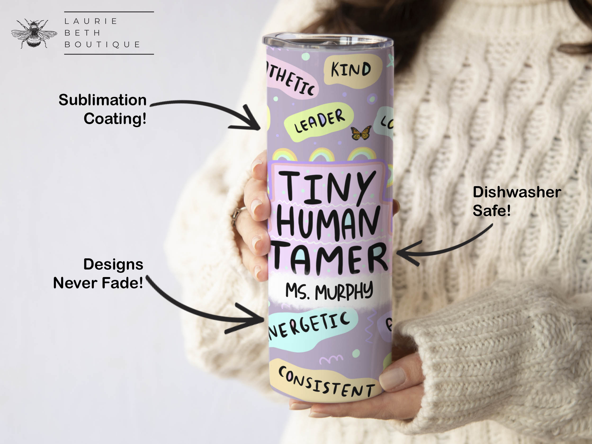 Personalized Tiny Human Tamer Teacher Tumbler, Custom Kindergarten Pre-K Elementary School Teacher Appreciation Back to School Gifts Teacher