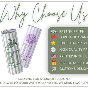 May include: Two personalized travel tumblers with vertical stripes. One is green and white with a turtle graphic and "BT GIRLS TRIP 2025" text. The other is purple and white with a seashell graphic and "TL MEXICO 2025" text. The image also includes a list of features.