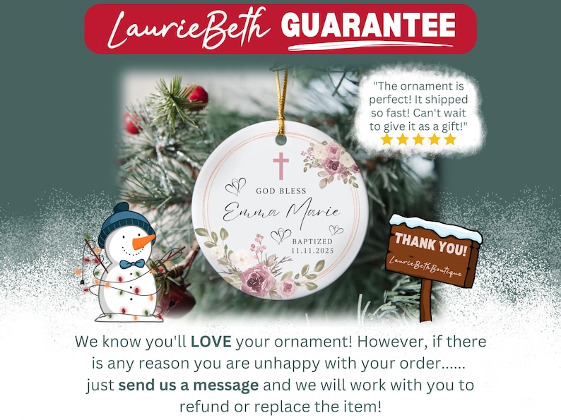Adorno de bautizo personalizado, adorno navideño personalizado para bautizo, dedicación, regalos de bautizo, bautizo de bebé, rosa floral imagen 4