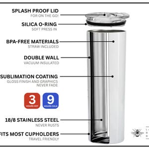 May include: A stainless steel tumbler with a white sublimation coating. It features a splash-proof lid, a silica O-ring, and a double wall for insulation. The tumbler keeps drinks hot for 3 hours and cold for 9 hours. It is made of 18/8 stainless steel and fits most cupholders.