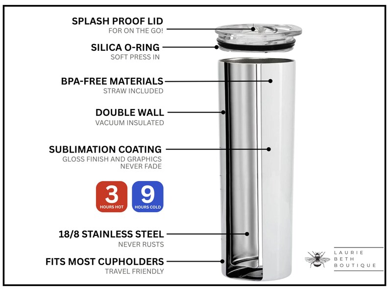 May include: A stainless steel tumbler with a white sublimation coating. It features a splash-proof lid, a silica O-ring, and a double wall for insulation. The tumbler keeps drinks hot for 3 hours and cold for 9 hours. It is made of 18/8 stainless steel and fits most cupholders.