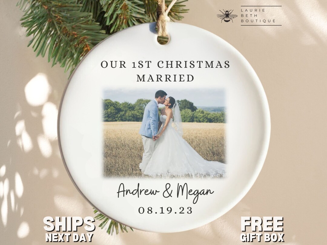 thumbnail image 2 of Personalised First Christmas Married With Stars Ceramic Decoration 2 of 11