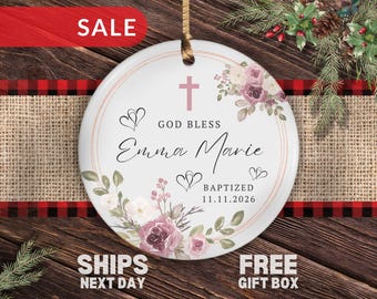 Personalized Baptism Ornament, Custom Christening Christmas Ornament Baptized Dedication Dedicated Baptism Gifts Baby Baptism Floral Rose