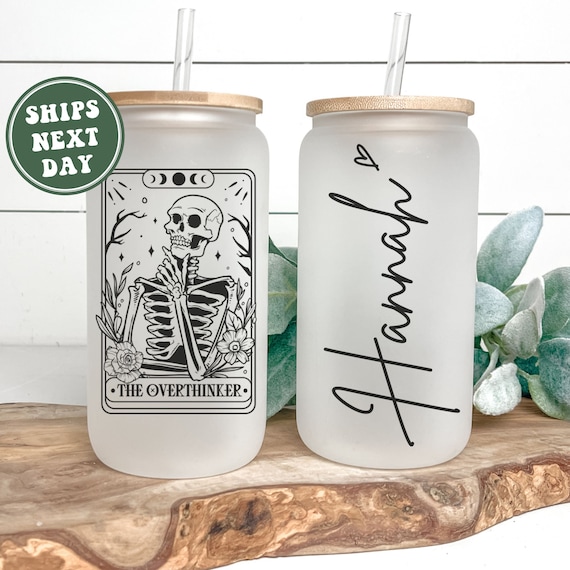 Personalized Overthinker Glass Cup, Custom Overthinker Tarot Card Frosted Glass Iced Coffe Tumbler Mug Gifts for Someone Who Overthinks Gift