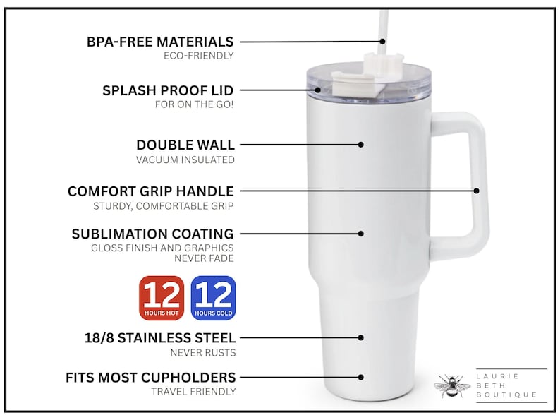 Peut inclure: Mug de voyage en acier inoxydable blanc avec une poign&eacute;e noire et un couvercle transparent. Le mug a une double paroi et est isol&eacute; sous vide. Il est dot&eacute; d'un rev&ecirc;tement par sublimation pour les graphismes et d'une poign&eacute;e confortable. Le mug garde les boissons chaudes pendant 12 heures et froides pendant 12 heures. Il s'adapte &agrave; la plupart des porte-gobelets et est pratique pour les voyages.