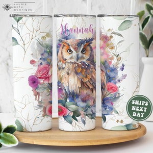 Personalized Owl Tumbler, Watercolor Owl Custom Skinny Tumbler with Straw Gifts for Her Birthday Gifts for Women Owl Lover Gifts To Go Mug