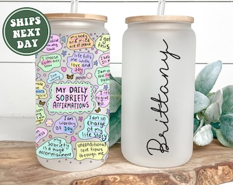 Personalized Sobriety Glass Cup, Custom Sobriety Frosted Glass Tumbler Mug Gifts for Recovering Addict Sober Anniversary Gifts for Addiction