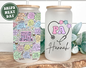 Personalized PA Glass Cup, Custom Physician Assistant Frosted Glass Tumbler Mug Gifts for PA Physician Assistant Appreciation Grad Gifts PA