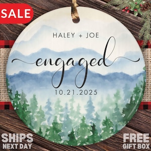 Personalized Engagement Ornament, Custom Engagement Gifts Names Date Engagement Party Mountain Engagement Christmas Ornament Engaged Couple