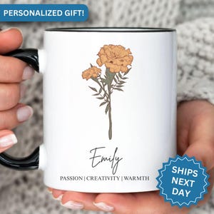 Personalized Birth Flower Mug, Custom Birth Flower Coffee Cup with Birth Flower Meaning Custom Name Floral Gift Mug for Her Birth Flower Mug