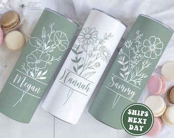 Personalized Birth Flower Tumbler, Custom Birth Flower Tumbler with Straw Bridesmaid Proposal Gifts Mother's Day Gifts Matching Tumblers Mug