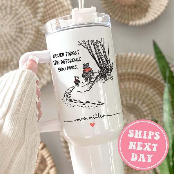 Teacher 40oz Tumbler, Never Forget the Difference You Make Tumbler with Handle Teacher Appreciation Gift Thank You Teacher Travel Mug Cup