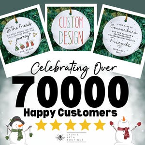 May include: Three round white ceramic ornaments with gold hanging strings. The left ornament reads It's the Friends we meet along the way that help us enjoy the journey. The middle reads CUSTOM DESIGN. The right reads A job made us coworkers but our sarcasm and inappropriate conversations made us friends. Text below reads Celebrating Over 70000 Happy Customers with five yellow stars and two snowmen.
