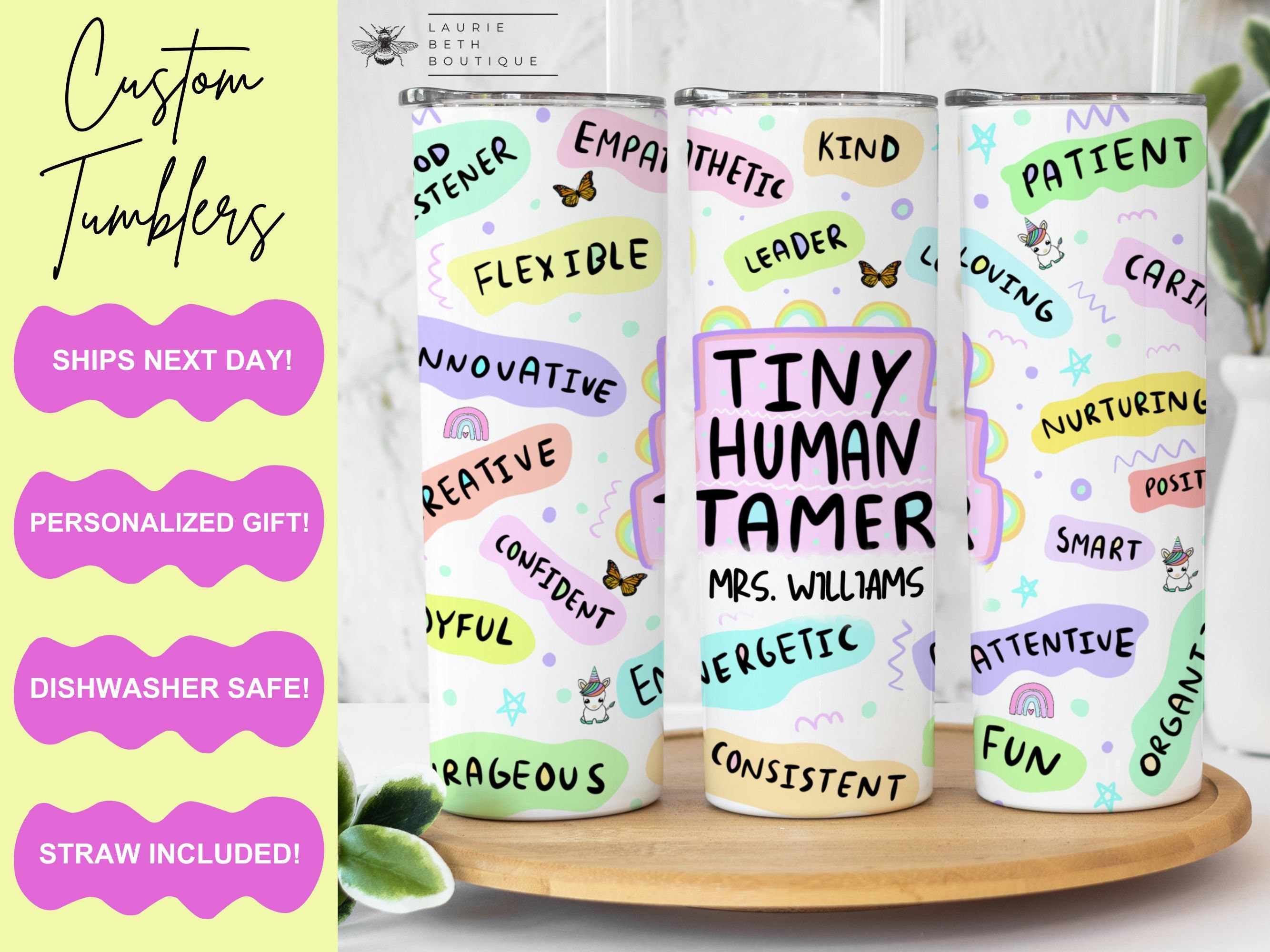 Personalized Tiny Human Tamer Teacher Tumbler, Custom Kindergarten Pre-K Elementary School Teacher Appreciation Back to School Gifts Teacher