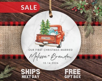 Personalized Wedding Christmas Ornament, Our First Christmas Married Custom Name Date Watercolor Red Truck Just Married Gifts for Wedding