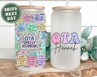 Personalized OTA Glass Cup, Custom Occupational Therapy Assistant Frosted Glass Tumbler Mug Gifts for OTA Occupational Therapist Assistant