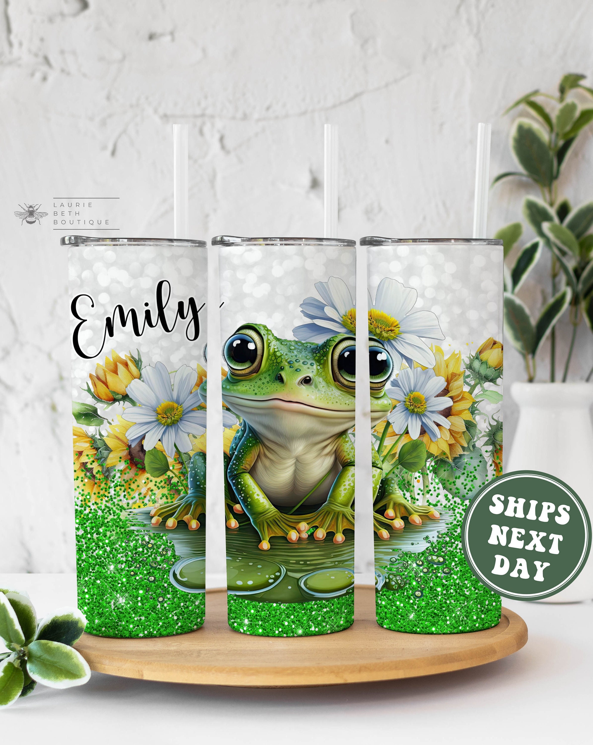 20 oz Stainless Steel Drink Tumbler Lid Straw Frog Floral Green Faux  Glitter