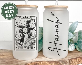 Personalized Witch Glass Cup Custom Witch Tarot Card Frosted Glass Tumbler Mug Halloween Gift for Halloween Witch Tarot Card Coffee Cup Gift