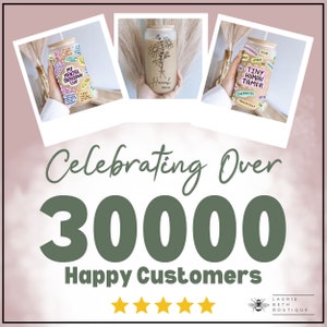 May include: Three different designs of reusable water bottles with motivational quotes and designs. The bottles are made of glass and have a bamboo lid. The text on the bottles reads "My Mental Breakdown Cup", "Hannah Bride", and "Tiny Human Tamer". The image also includes the text "Celebrating Over 30000 Happy Customers" and five gold stars.