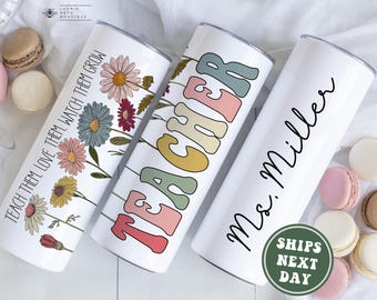 Custom Teacher Name Tumbler, Personalized Retro Teacher Tumbler, Vintage Flower Gifts for Back to School Teacher Teach Them Watch Them Grow