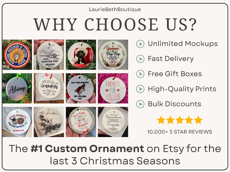 Op de afbeelding: Een collectie van twaalf ronde witte keramische ornamenten met diverse op maat bedrukte ontwerpen, waaronder tekst, illustraties en foto's. De afbeelding bevat de tekst WHY CHOOSE US?, een lijst met servicekenmerken en vijf gele sterren.