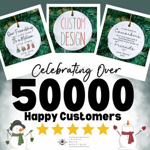 May include: Holiday-themed image featuring three white round ornaments with gold string. Each ornament has a unique message. The image also includes the text "Celebrating Over 50000 Happy Customers" with star ratings and snowman illustrations.