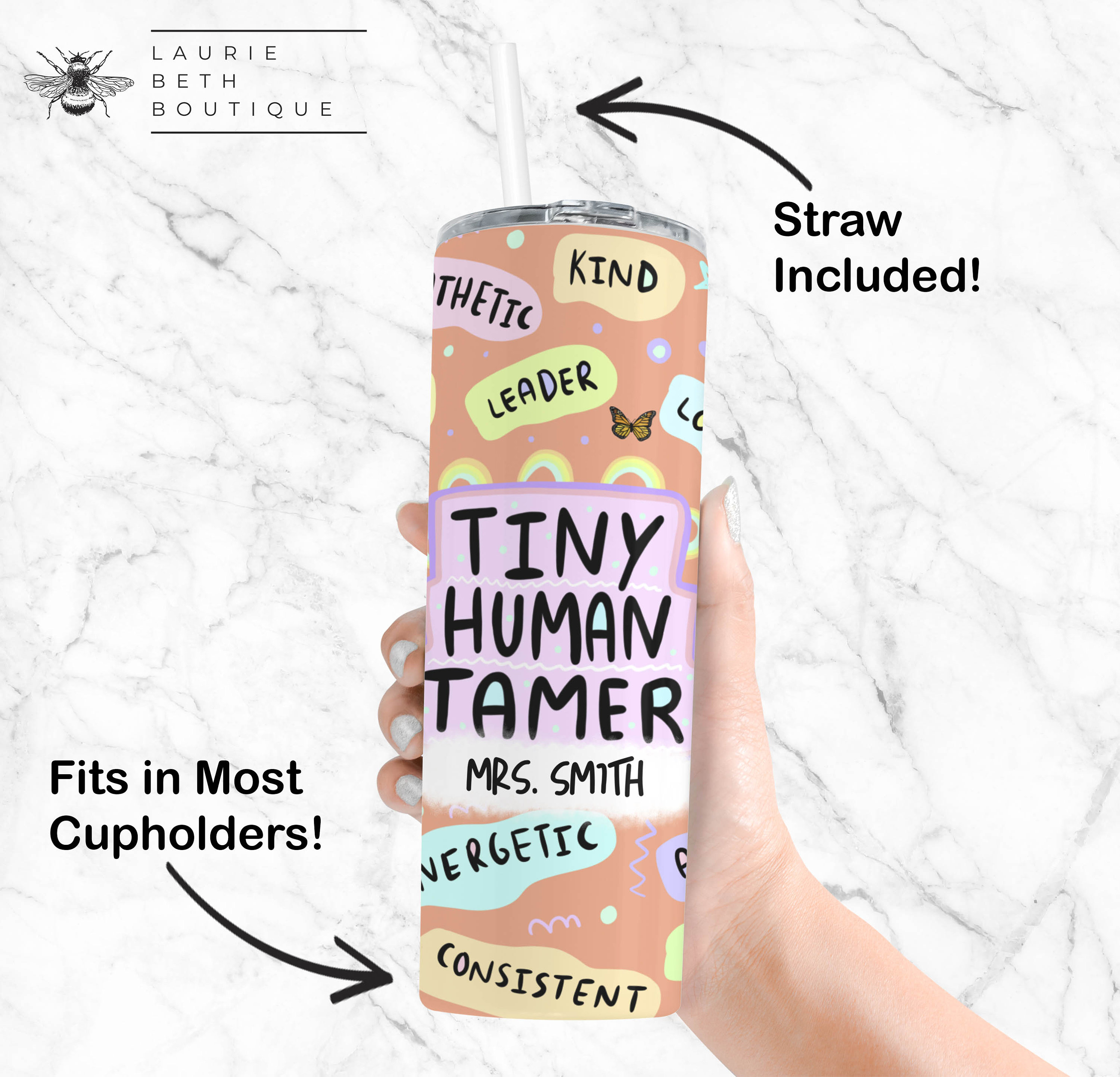 Personalized Tiny Human Tamer Teacher Tumbler, Custom Kindergarten Pre-K Elementary School Teacher Appreciation Back to School Gifts Teacher