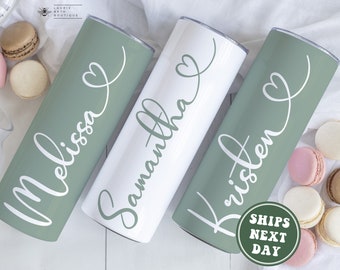 Personalized Bachelorette Party Tumblers, Custom Bridal Bach Party Skinny Tumbler with Straw Bridesmaid Proposal Wedding Gift Sage Green