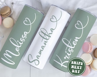 Personalized Bachelorette Party Tumblers, Custom Bridal Bach Party Skinny Tumbler with Straw Bridesmaid Proposal Wedding Gift Sage Green