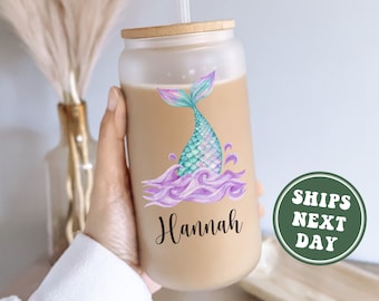 Personalized Mermaid Glass Cup, Custom Mermaid Frosted Glass Cup Tumbler Gifts for Mermaid Lover Mermaid Birthday Gift Iced Coffee Cup Mug