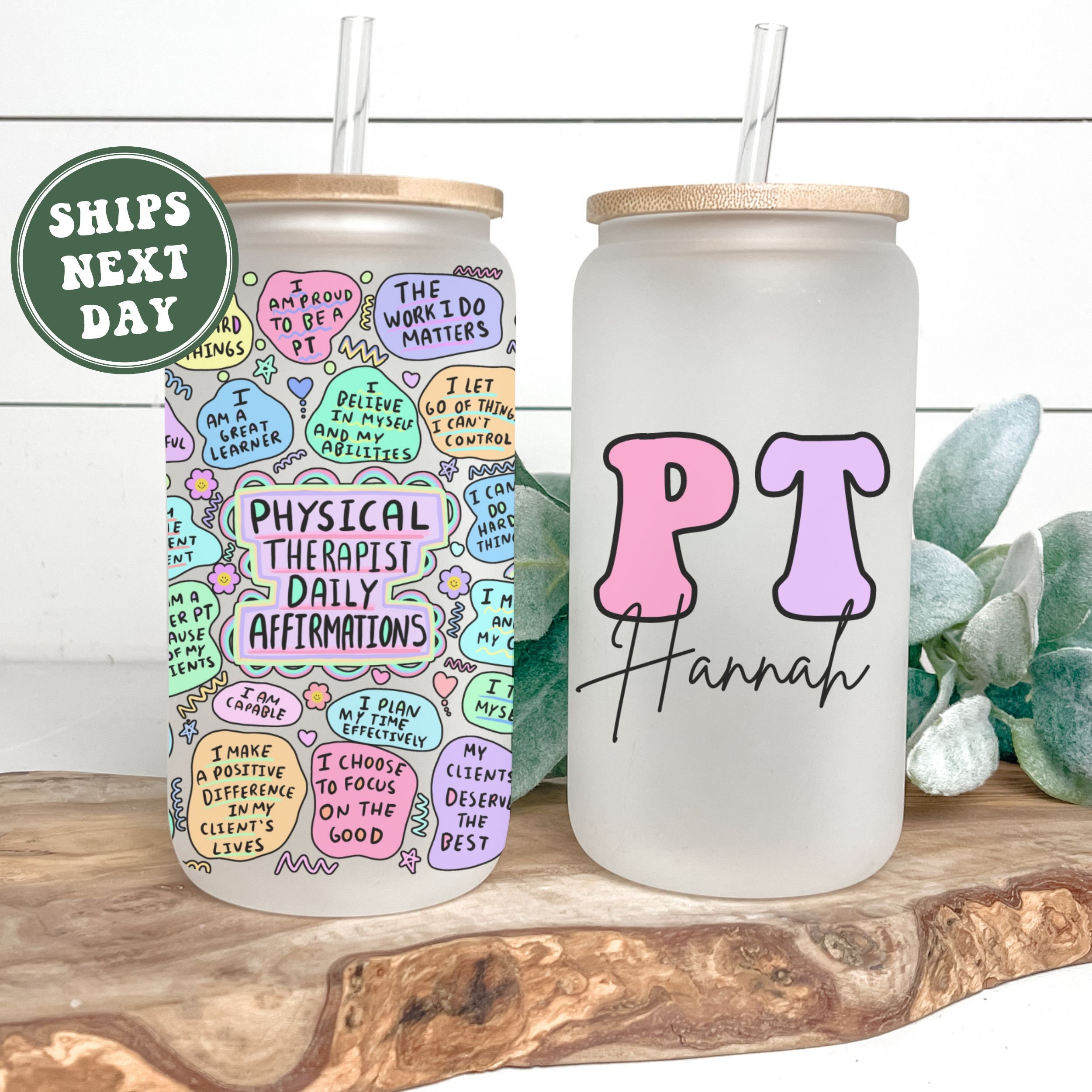 Physical Therapist Glass Cup, Personalized PT Frosted Glass Tumbler Mug Gifts for Physical Therapy Therapist Gift PT Grad Physical Therapist