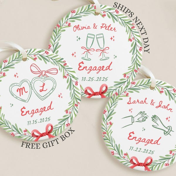 Adorno de compromiso personalizado, regalo personalizado para pareja comprometida, regalo de compromiso, adorno navideño de recuerdo.