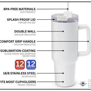 May include: White stainless steel travel mug with a black handle and a clear lid. The mug has a double wall and is vacuum insulated to keep drinks hot or cold for 12 hours. It features a sublimation coating for a gloss finish and graphics that never fade. The mug is BPA-free, eco-friendly, and fits most cupholders.
