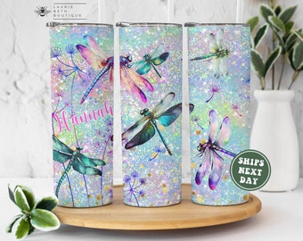 Personalized Dragonfly Tumbler, Dragonfly Faux Glitter Skinny Tumbler with Straw Gifts for Her Birthday Gifts for Women Dragonfly Lover Gift