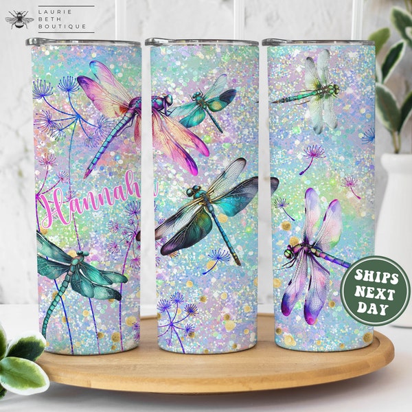 Personalized Dragonfly Tumbler, Dragonfly Faux Glitter Skinny Tumbler with Straw Gifts for Her Birthday Gifts for Women Dragonfly Lover Gift