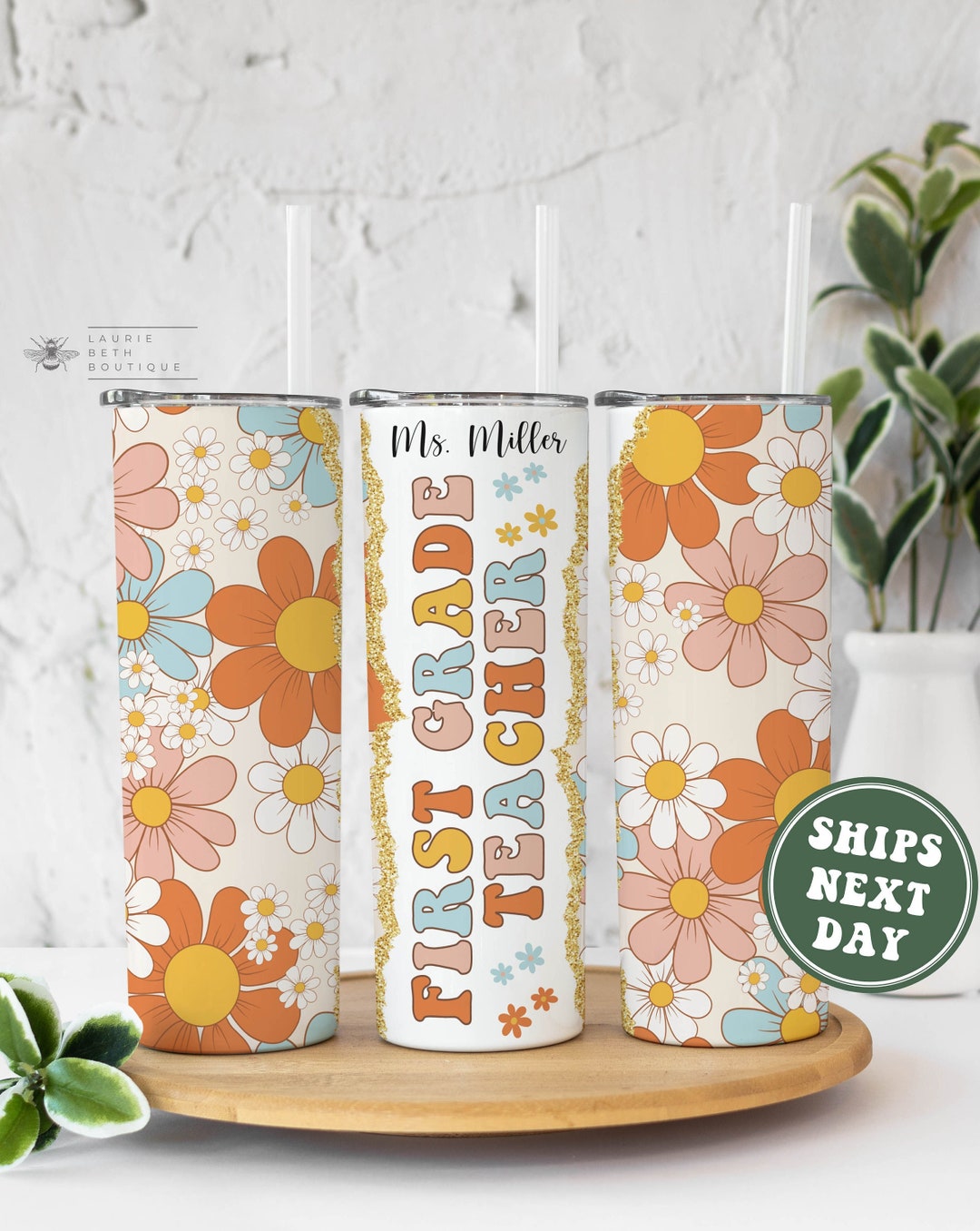 Retro First Grade Teacher Tumbler, Custom Name Teacher Tumbler ...