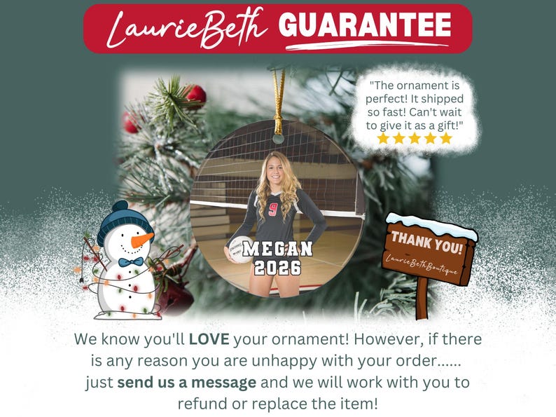 May include: A round ceramic ornament featuring a photograph of a volleyball player holding a ball, with the text MEGAN 2026 printed below. The ornament includes a gold hanging string and is displayed alongside a snowman graphic and a wooden sign.