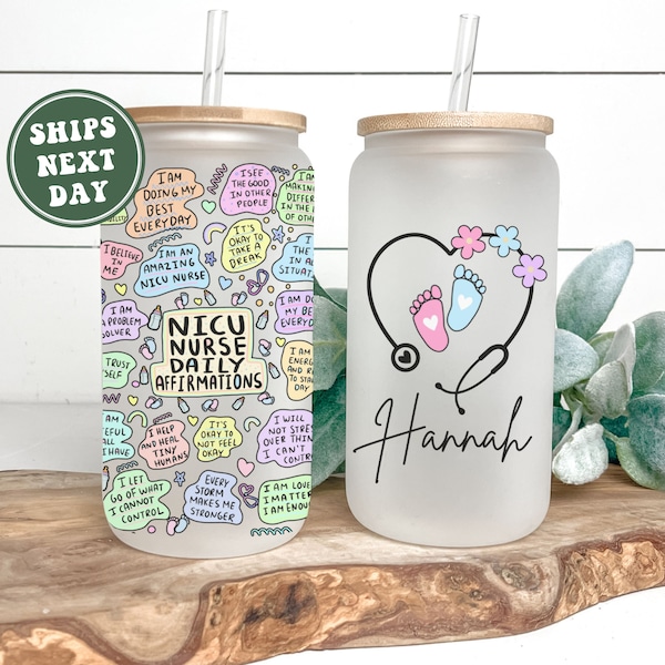 NICU Nurse Glass Cup, Personalized Neonatal ICU Intensive Care Unit Frosted Glass Tumbler Mug Gifts for NICU Nurse Appreciation Gift Nursing